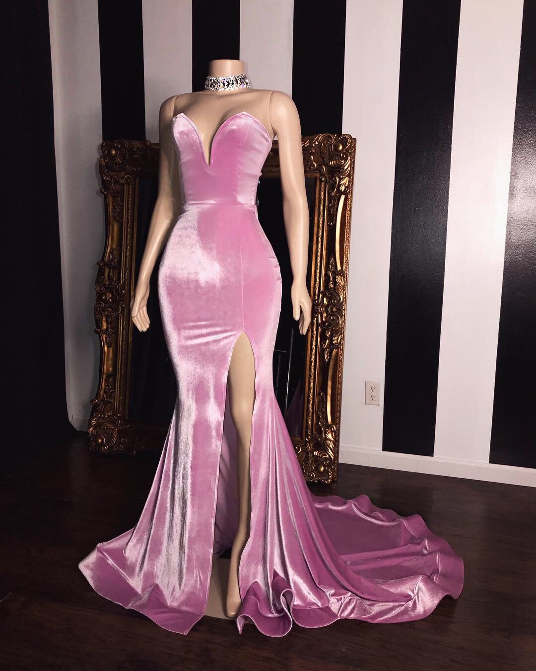 Pink Mermaid Velvet Sweetheart Side Slit Prom Dress-BallBride