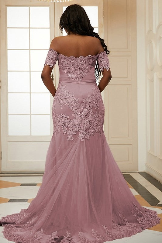 Pink Off Shoulder Tulle Appliques Side Slit Bespoke Prom Dresses-BallBride