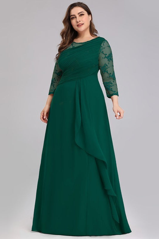 Plus Size Lace Chiffon Prom Dress - Long Sleeve Evening Gown-BallBride