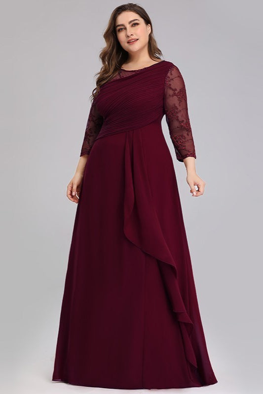 Plus Size Lace Chiffon Prom Dress - Long Sleeve Evening Gown-BallBride