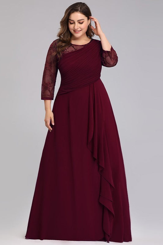 Plus Size Lace Chiffon Prom Dress - Long Sleeve Evening Gown-BallBride