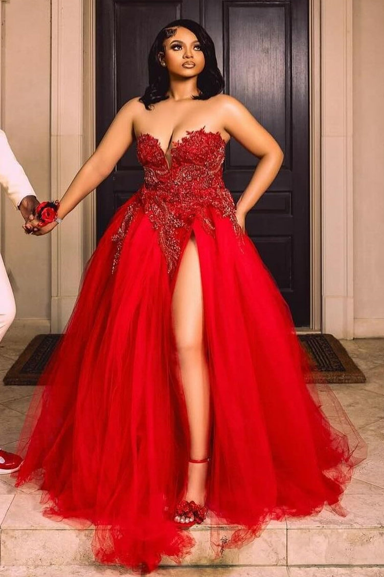 Plus Size Red Sweetheart Tulle Appliques Beads Prom Dress-BallBride