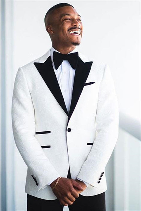 Popular White Jacquard Peaked Lapel Groom Suit Online-BallBride