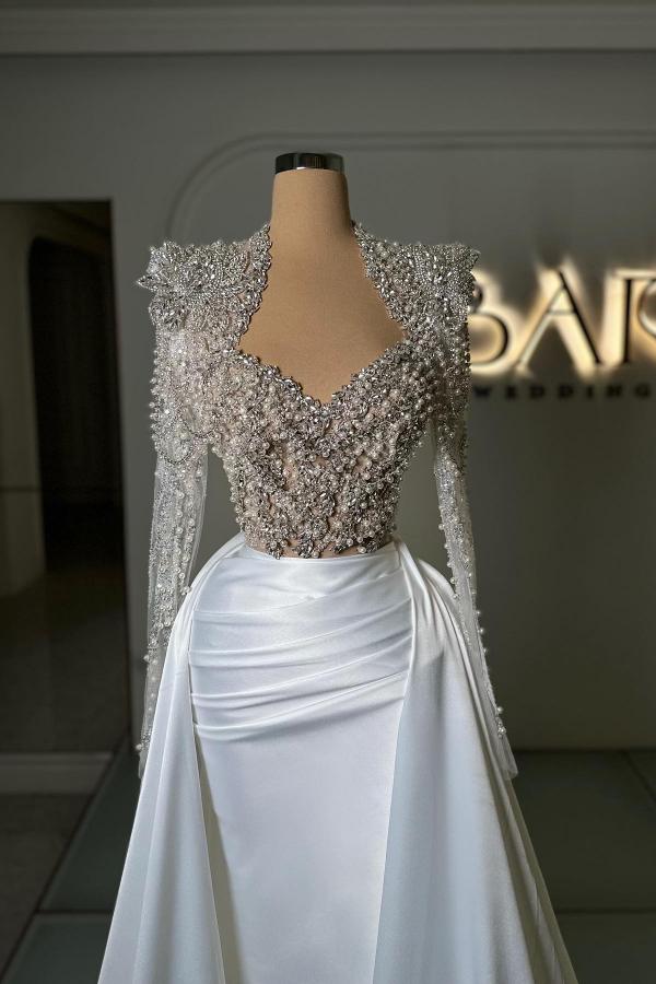 Portrait Long Sleeve Mermaid Long Satin Prom Dress with Detachable Train and Rhinestones-BallBride