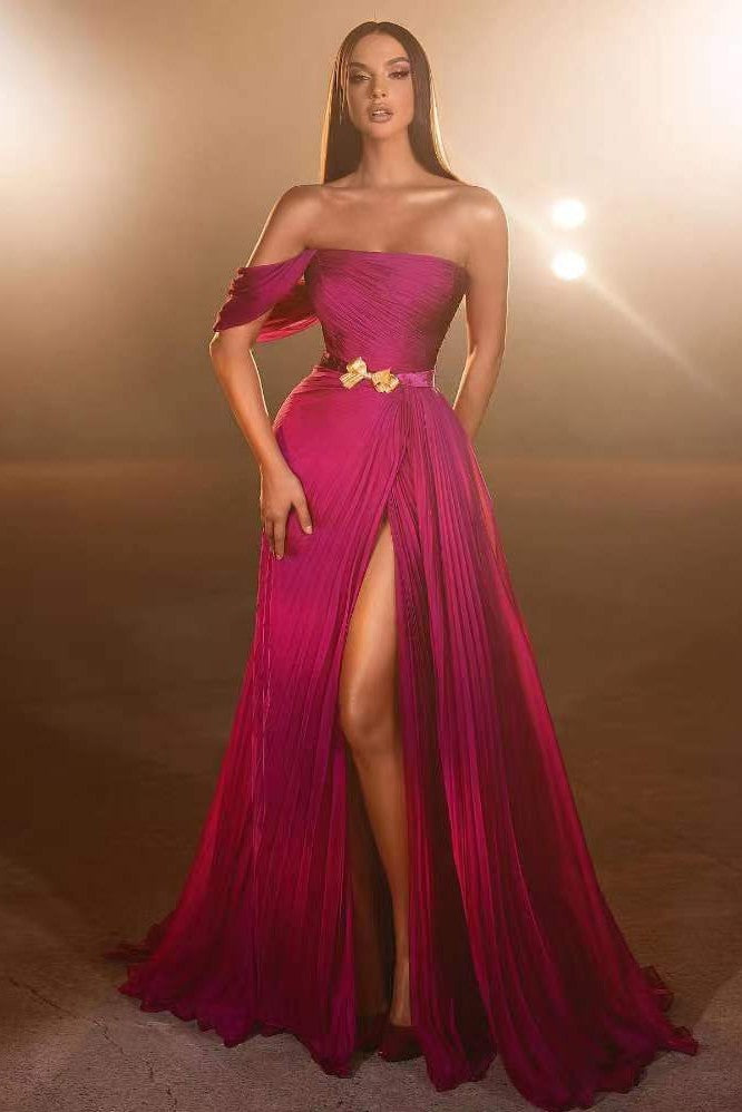 Pretty Fuchsia One Shoulder Prom Dress with Slit & Belt-BallBride