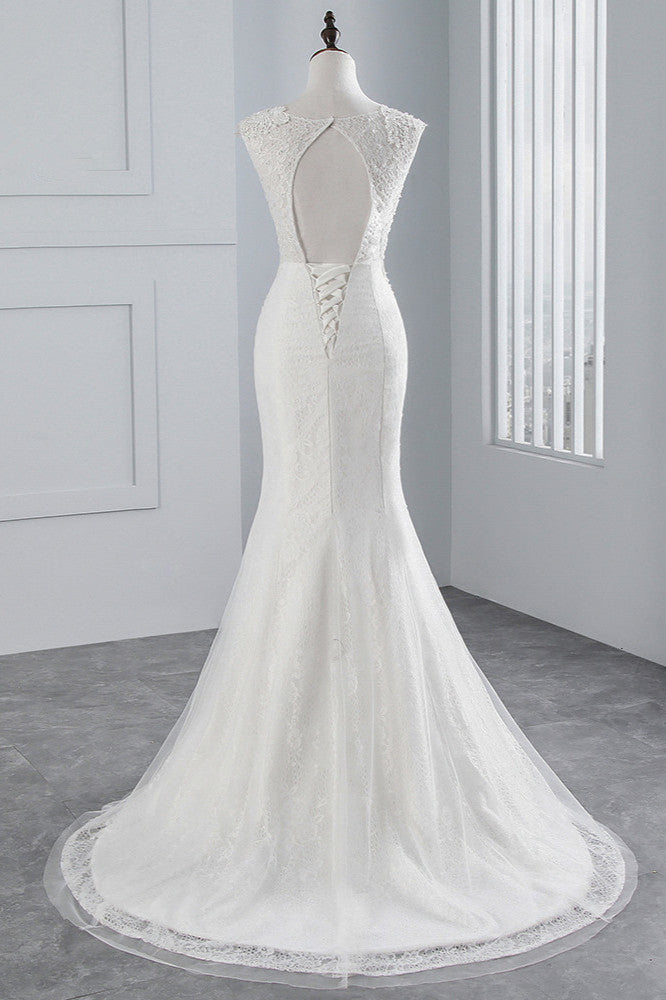 Pretty Jewel Sleeveless Long Mermaid Wedding Dress with Lace Appliques-BallBride