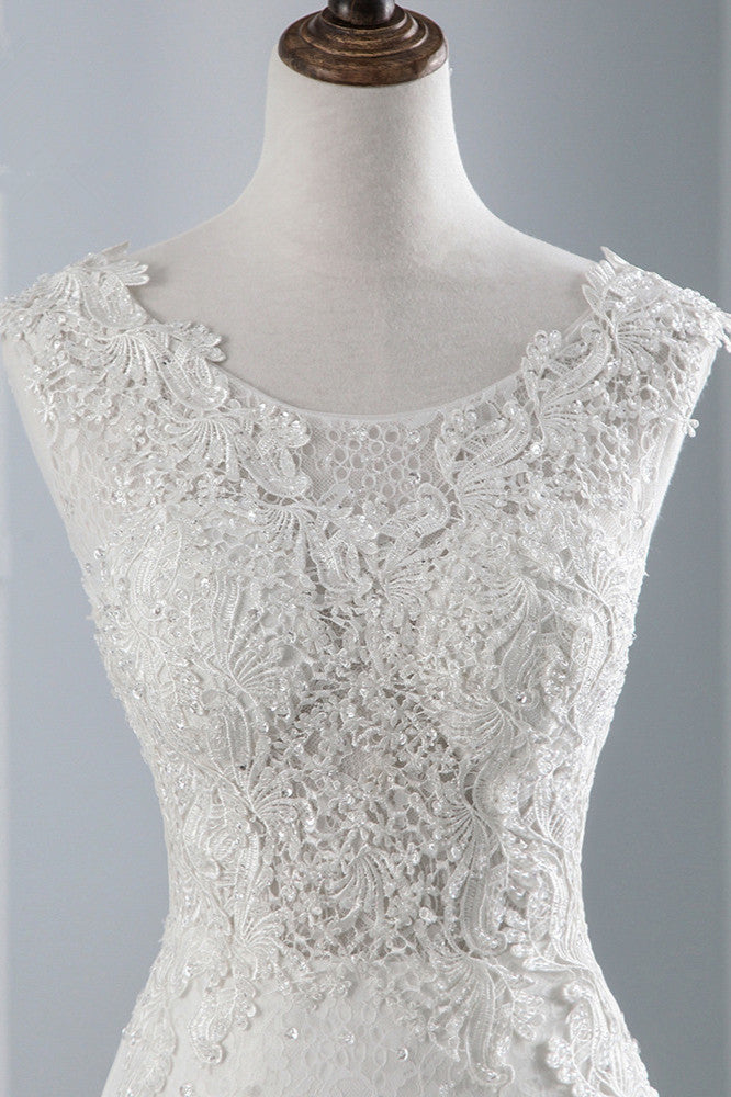 Pretty Jewel Sleeveless Long Mermaid Wedding Dress with Lace Appliques-BallBride