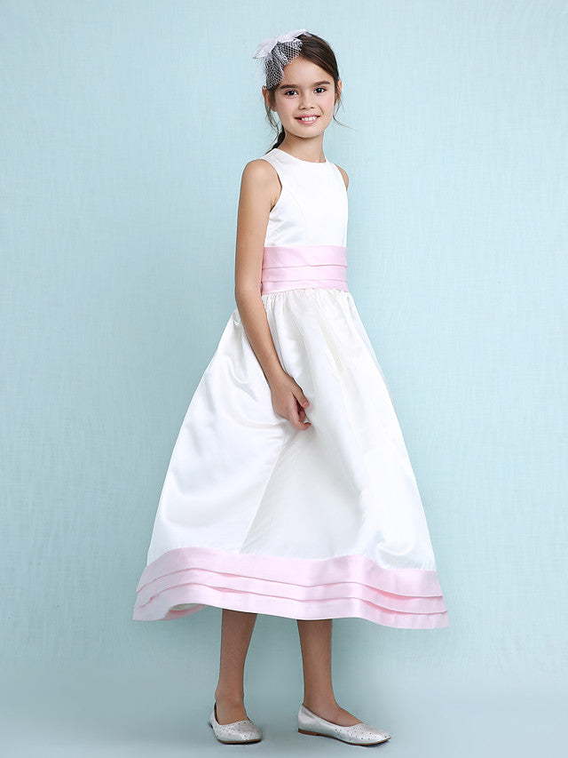 Princess A-Line Jewel Neck Satin Junior Bridesmaid Dress with Sash Ribbon Ruched Ruffles for Spring Summer Fall Winter Weddings-BallBride