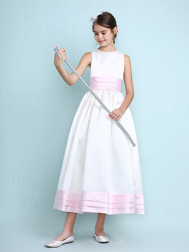 Princess A-Line Jewel Neck Satin Junior Bridesmaid Dress with Sash Ribbon Ruched Ruffles for Spring Summer Fall Winter Weddings-BallBride