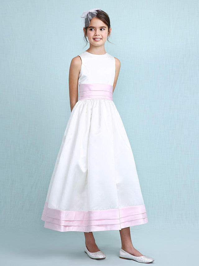 Princess A-Line Jewel Neck Satin Junior Bridesmaid Dress with Sash Ribbon Ruched Ruffles for Spring Summer Fall Winter Weddings-BallBride