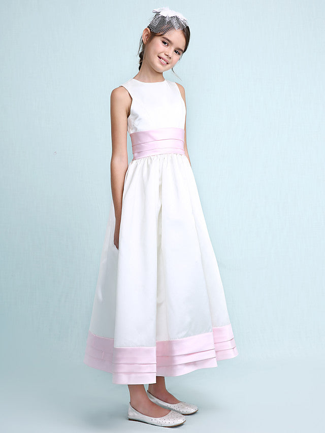 Princess A-Line Jewel Neck Satin Junior Bridesmaid Dress with Sash Ribbon Ruched Ruffles for Spring Summer Fall Winter Weddings-BallBride