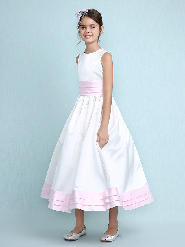 Princess A-Line Jewel Neck Satin Junior Bridesmaid Dress with Sash Ribbon Ruched Ruffles for Spring Summer Fall Winter Weddings-BallBride