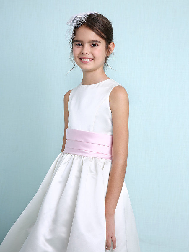 Princess A-Line Jewel Neck Satin Junior Bridesmaid Dress with Sash Ribbon Ruched Ruffles for Spring Summer Fall Winter Weddings-BallBride