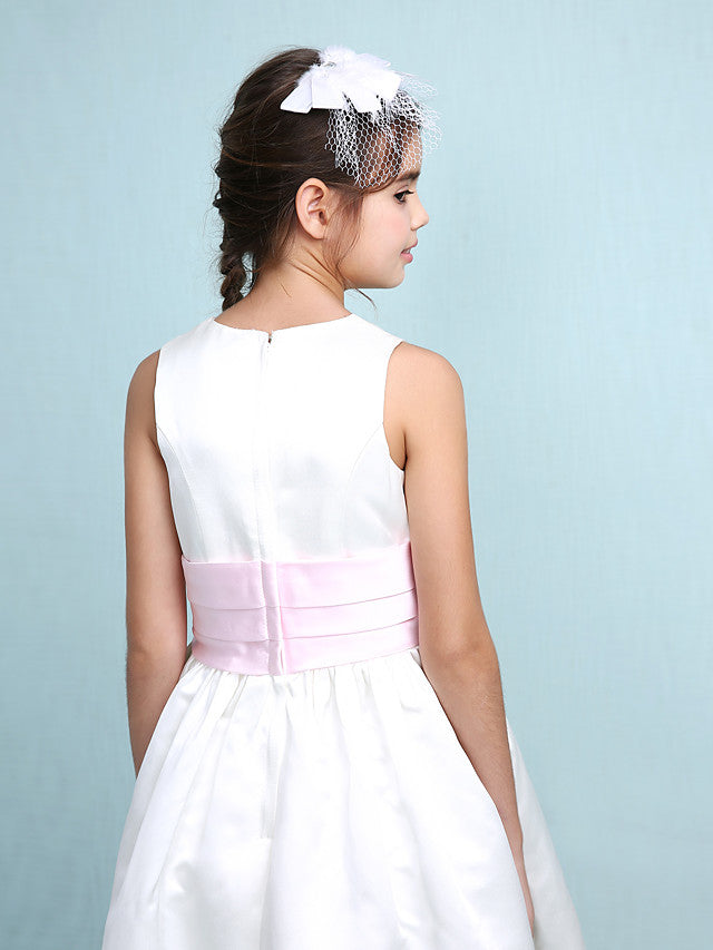Princess A-Line Jewel Neck Satin Junior Bridesmaid Dress with Sash Ribbon Ruched Ruffles for Spring Summer Fall Winter Weddings-BallBride