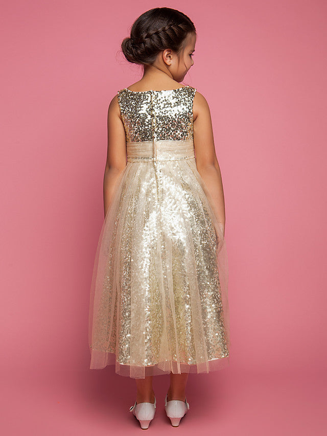 Princess A-Line Tea Length Tulle Sleeveless Jewel Neck Dress with Ruched Sequin-BallBride