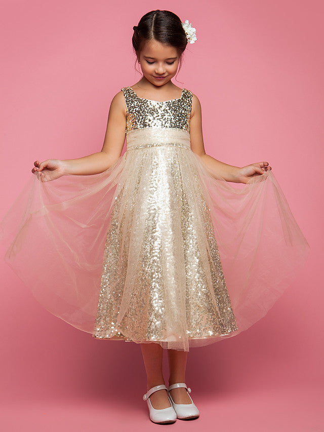 Princess A-Line Tea Length Tulle Sleeveless Jewel Neck Dress with Ruched Sequin-BallBride