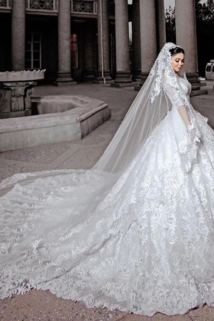 Princess Long Wedding Dress With Sleeves and Beads Appliques Tulle-BallBride