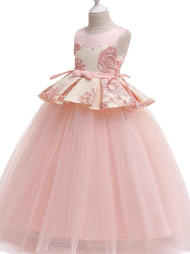 Princess Round Floor Length Cotton Bow Appliques Flower Girl Dress-BallBride