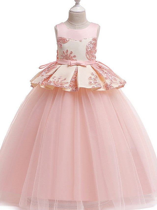 Princess Round Floor Length Cotton Bow Appliques Flower Girl Dress-BallBride