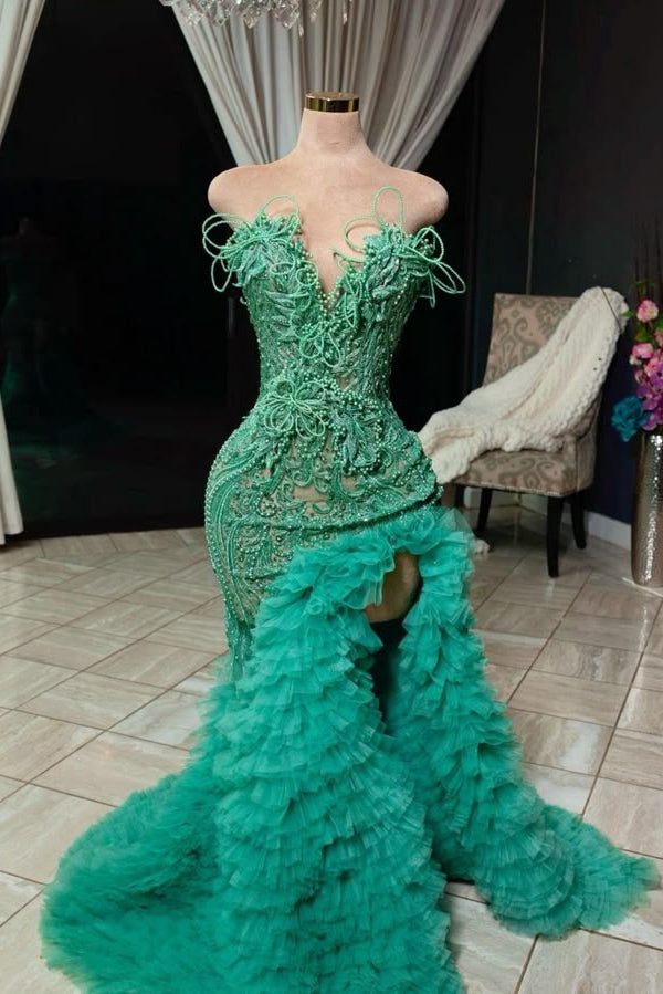 Gorgeous Sweetheart High Split Ruffles Mermaid Floor length Prom Dresses