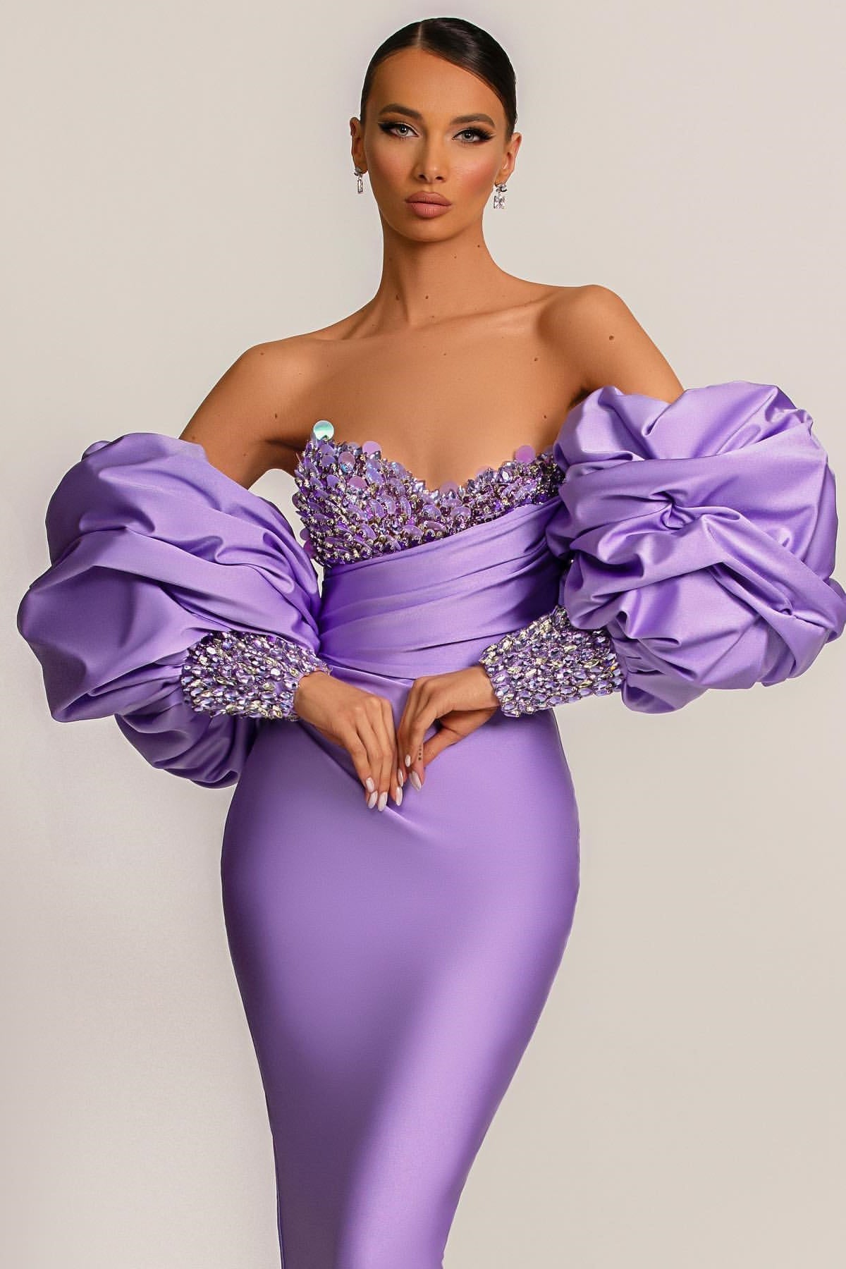 Purple Mermaid Prom Dress With Appliques Puff Sleeves-BallBride