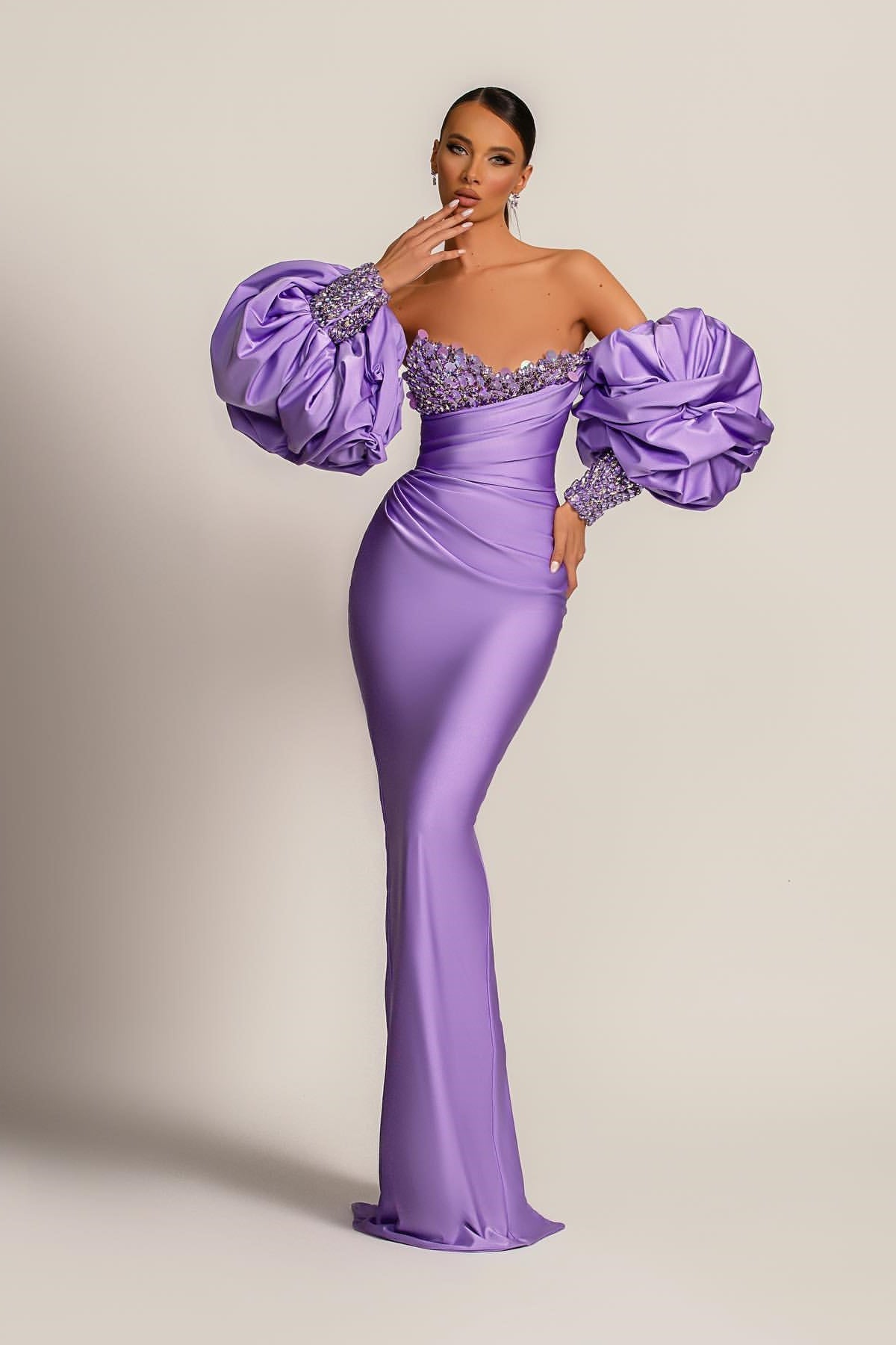 Purple Mermaid Prom Dress With Appliques Puff Sleeves-BallBride