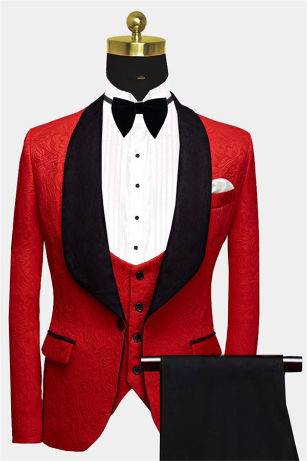 Red Floral Men's Wear: Black Lapel Three Pieces Prince Suit for Groom-BallBride