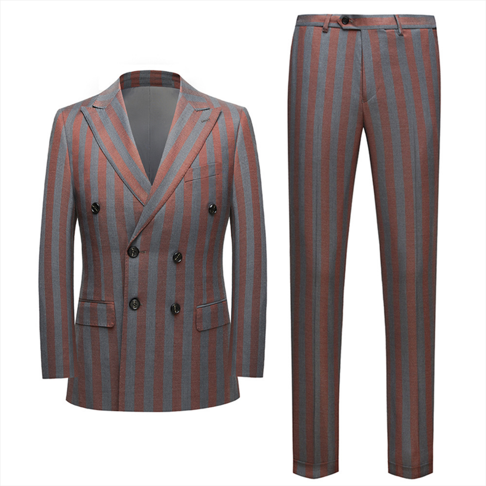 Red & Gray Striped Double Breasted Wedding Suit Ideas for Summer Casualwear-BallBride