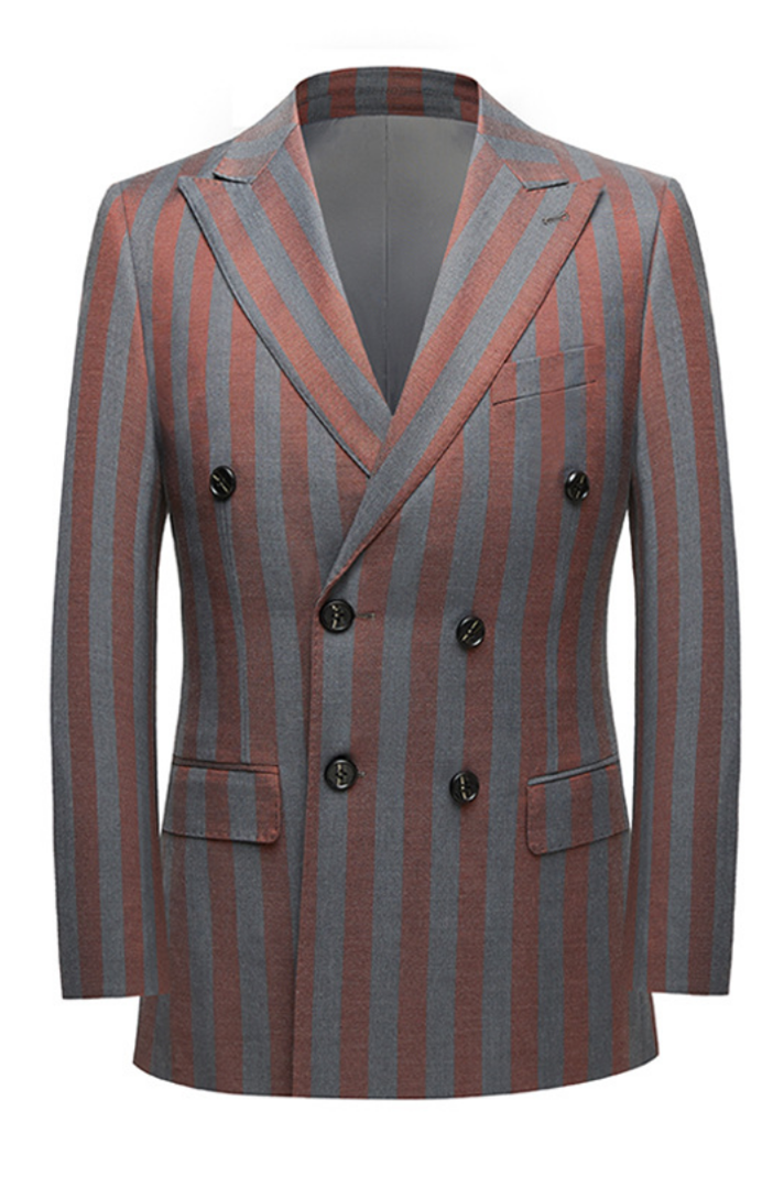 Red & Gray Striped Double Breasted Wedding Suit Ideas for Summer Casualwear-BallBride
