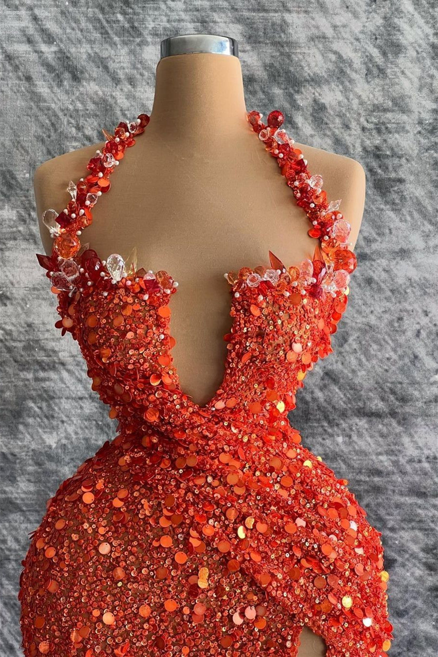 Red Halter Deep V-Neck Mermaid Evening Dress with Rhinestone Slit-BallBride