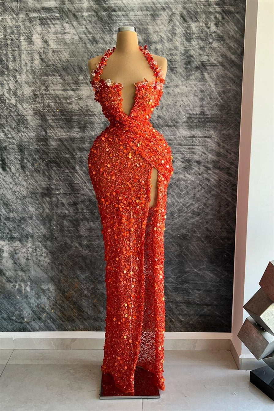 Red Halter Deep V-Neck Mermaid Evening Dress with Rhinestone Slit-BallBride