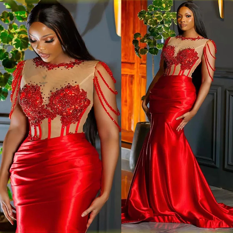 Red Mermaid Princess Prom Dress With Beaded Crew Neck Sleeveless Trumpet-BallBride