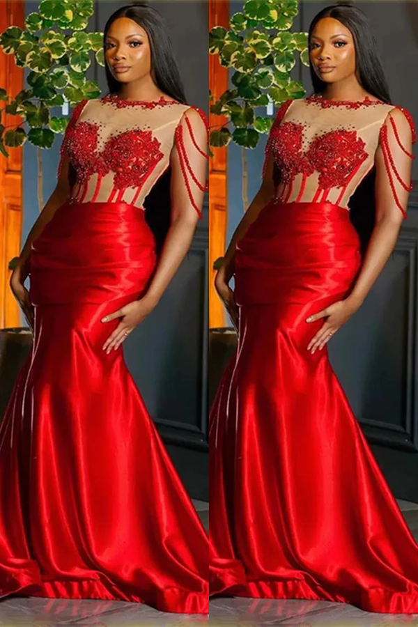 Red Mermaid Princess Prom Dress With Beaded Crew Neck Sleeveless Trumpet-BallBride