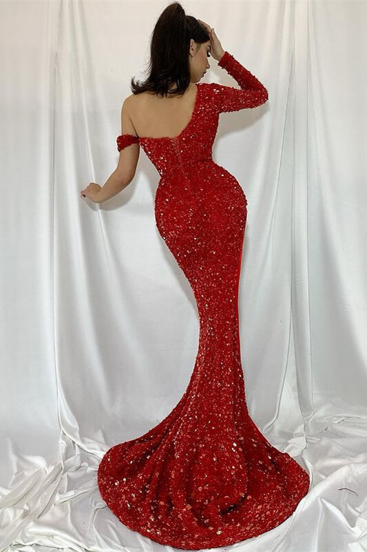 Red Mermaid Sequins Prom Dress with One Shoulder Split-BallBride