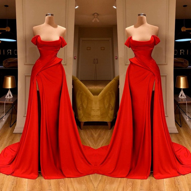 Red Off-Shoulder Ruffles Side Slit Strapless Prom Dress-BallBride
