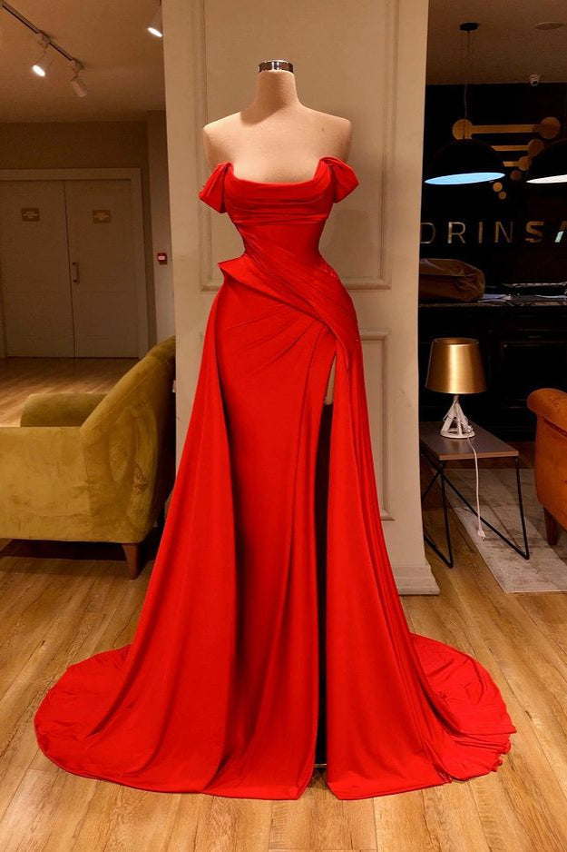 Red Off-Shoulder Ruffles Side Slit Strapless Prom Dress-BallBride