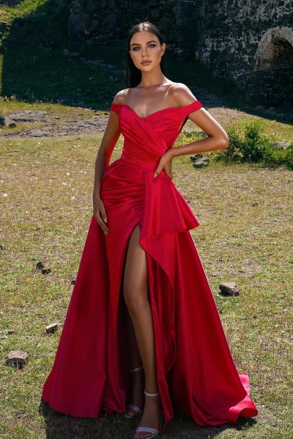 Red Off-The-Shoulder Mermaid Prom Dress With Split-BallBride