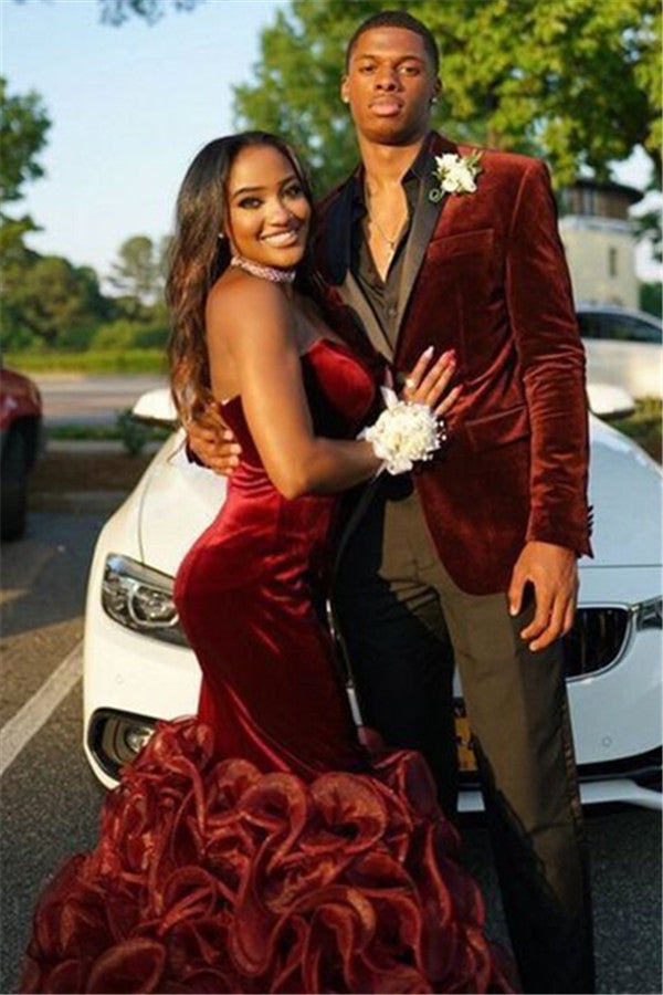 Red Velvet Business Suit w/ Black Shawl Lapel for Prom Reception-BallBride