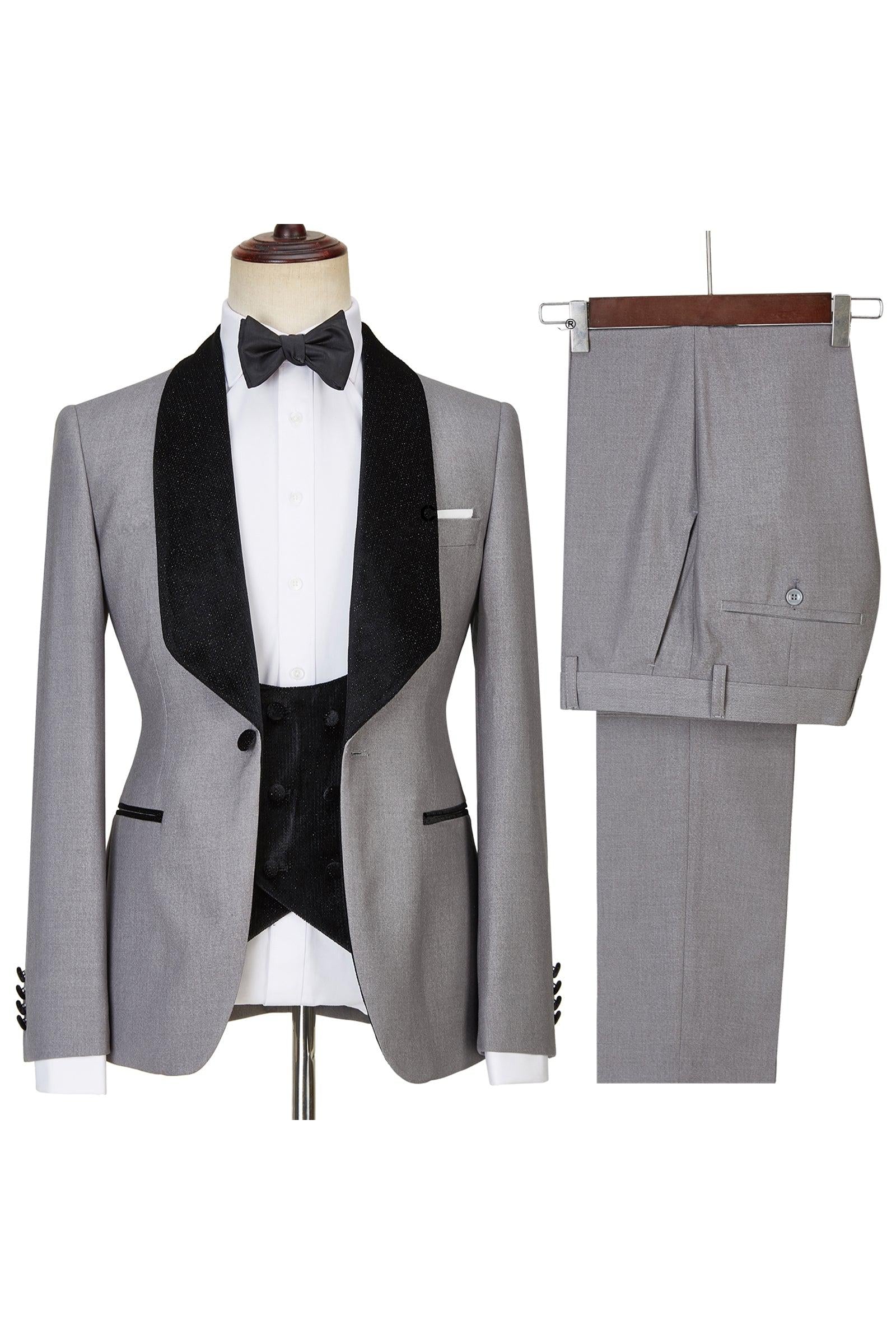 Robert Light Gray One Button Shiny Shawl Lapel Three Pieces Wedding Men Suits-BallBride