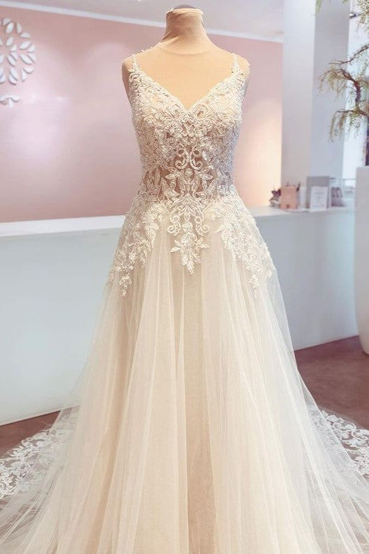 Romantic A-Line Wedding Dress with Appliques Lace and Spaghetti-Straps Backless Train-BallBride