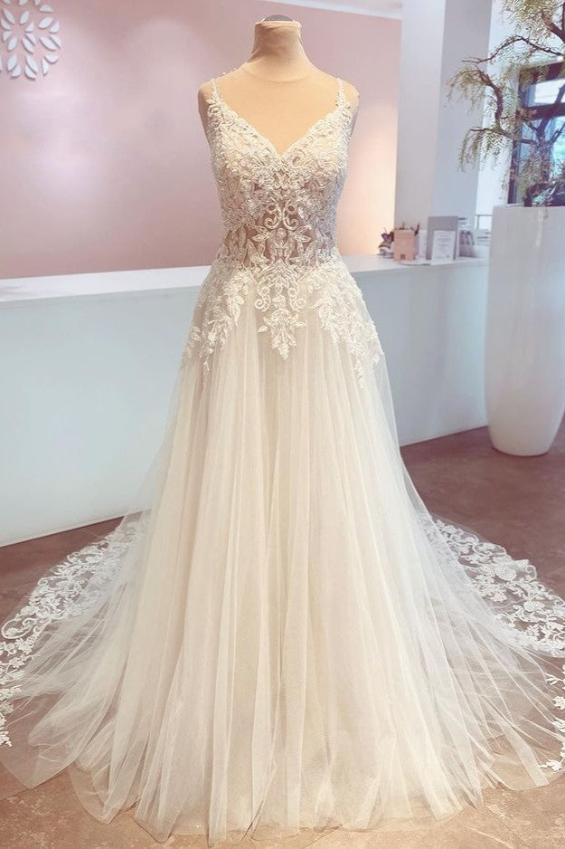 Romantic A-Line Wedding Dress with Appliques Lace and Spaghetti-Straps Backless Train-BallBride