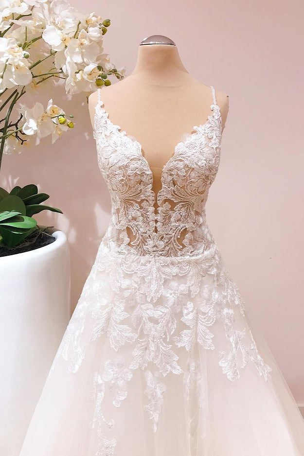 Romantic A-line Wedding Dress with Spaghetti Straps and Appliques Lace Tulle-BallBride