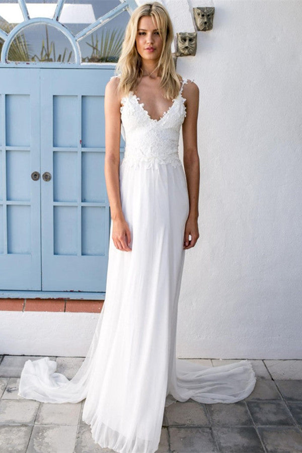 Romantic Chiffon Beach Wedding Dress with Lace Appliques-BallBride