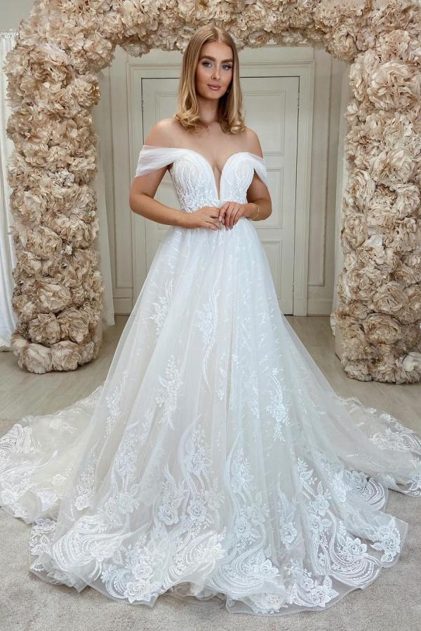 Romantic Long A-line Off-the-shoulder Wedding Dress With Tulle Lace-BallBride