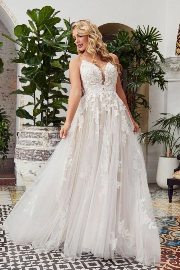Romantic Long A-line V-neck Tulle Wedding Dress With Lace Open Back-BallBride