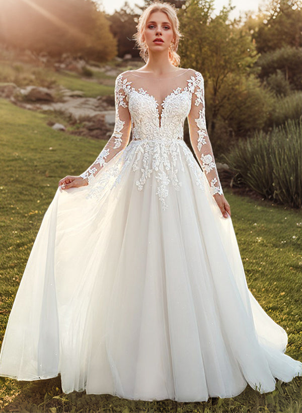 Romantic Tulle Long Sleeves Ball-Gown Lace Wedding Dresses-Ballbride