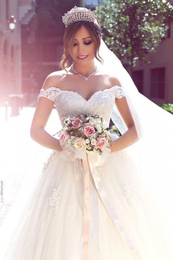 Romantic White Sweetheart Wedding Dresses with Lace-BallBride