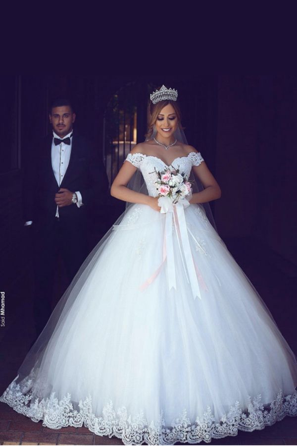 Romantic White Sweetheart Wedding Dresses with Lace-BallBride