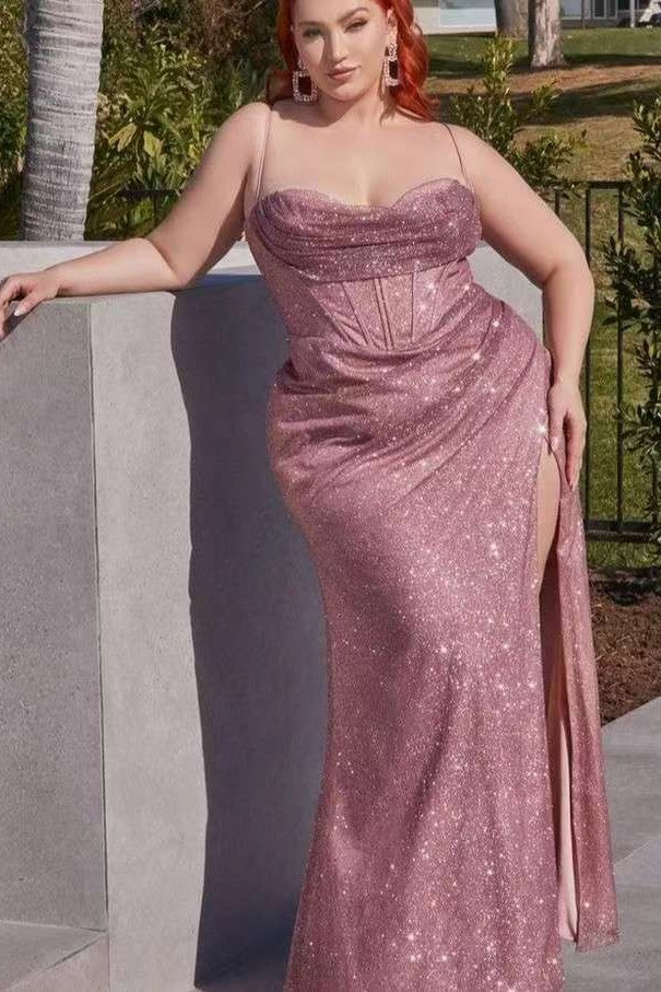 Rose Gold Mermaid Sequins Prom Dress with Spaghetti Straps and Slit-BallBride
