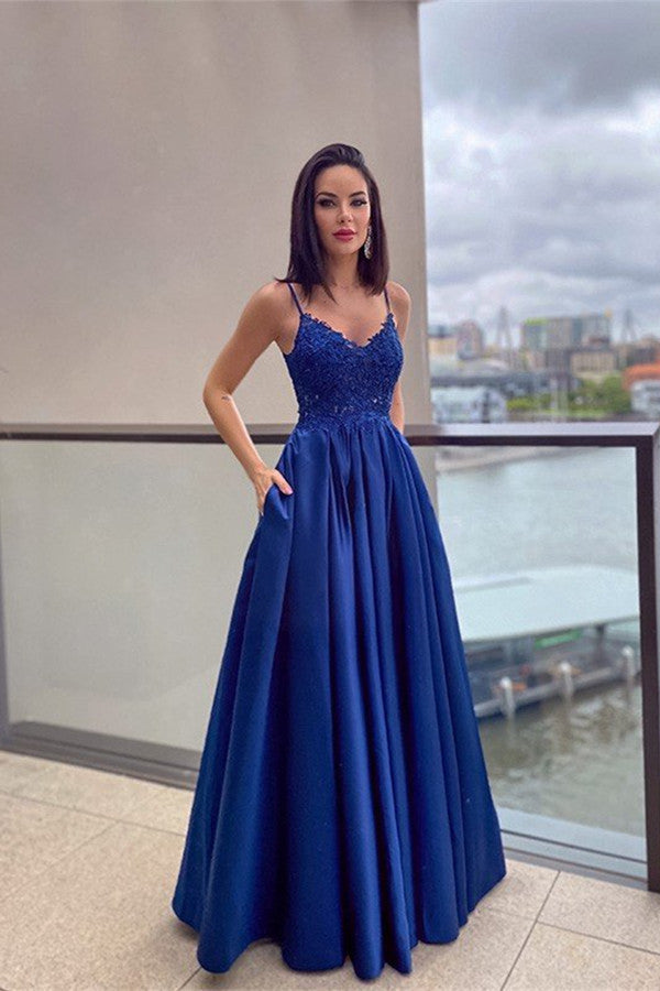 Royal Blue Evening Dress with Lace Appliques and Pockets-BallBride